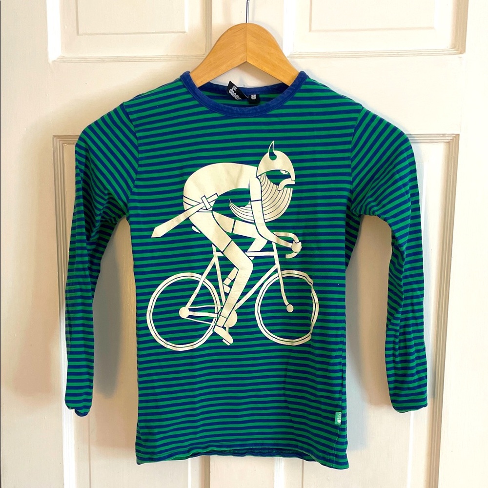 Kids Danefea Striped Long Sleeve Shirt with Cyclist Graphic.